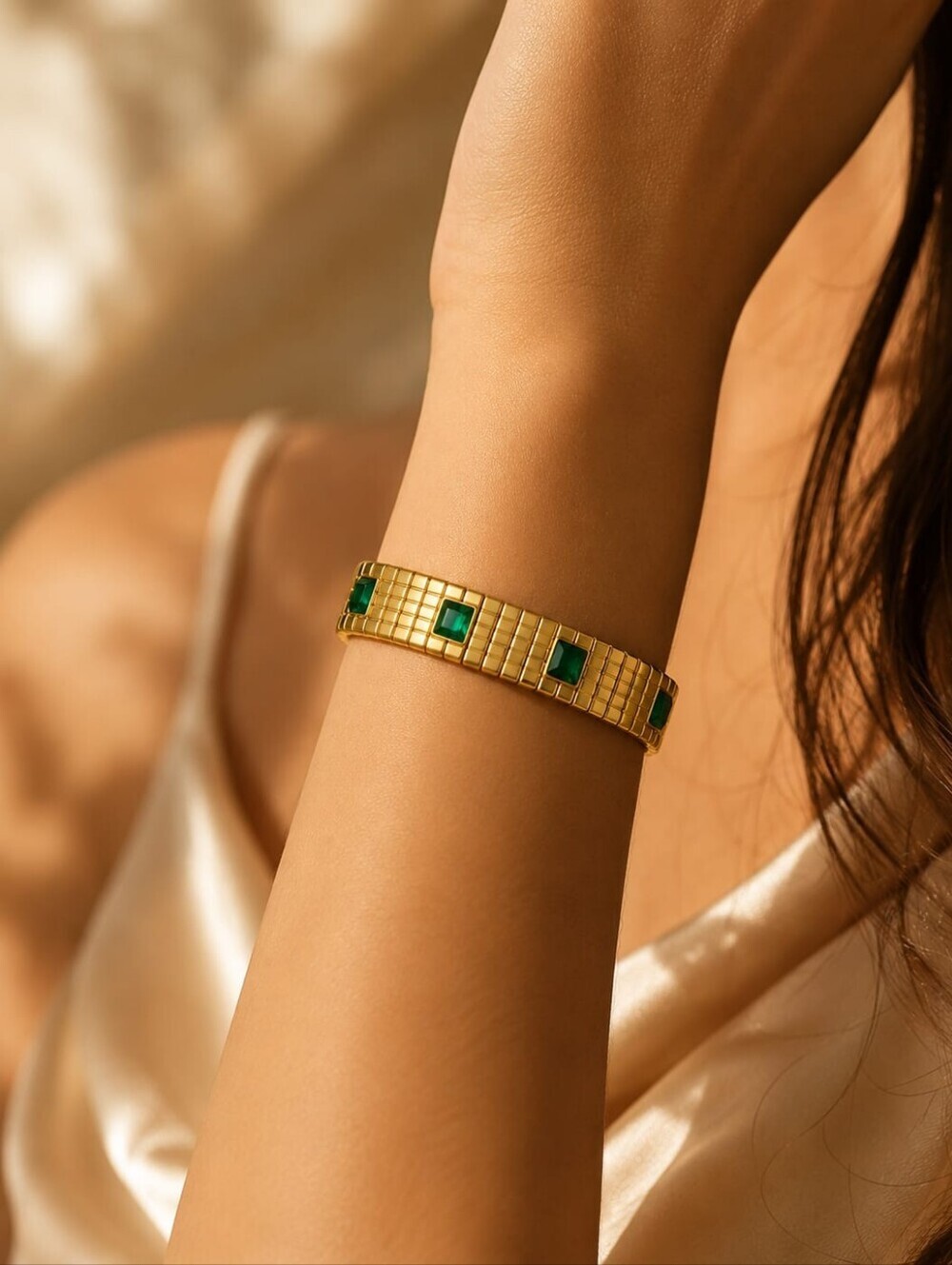Gold Bracelet with Green Stones - Women's Jewelry
